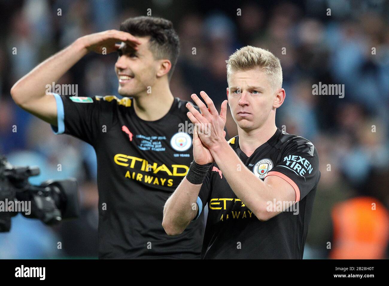 London, UK. 01st Mar, 2020. Rodri of Manchester City and Oleksandr Zinchenko of Manchester City at the end of the Carabao Cup Final match between Aston Villa and Manchester City at Wembley Stadium on March 1st 2020 in London, England. (Photo by Paul Chesterton/phcimages.com) Credit: PHC Images/Alamy Live News Stock Photo