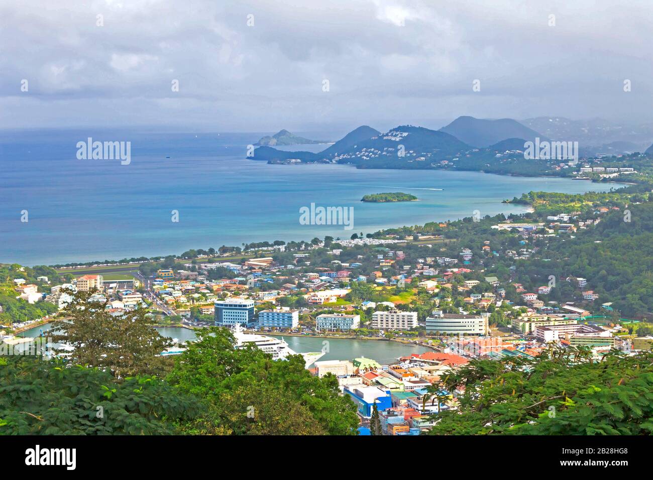 Breathtaking view of the roads and buildings, trees in the city of  Castries, Vigie beach and airport, Marisule and Pigeon Island Gros-islet Stock Photo