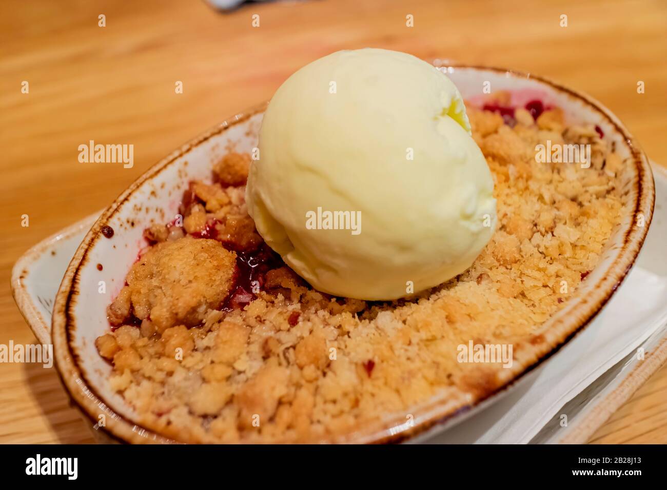 Close up shot of a plate of delicious dessert with ice cream and cookies, ate at Los Angeles, California Stock Photo
