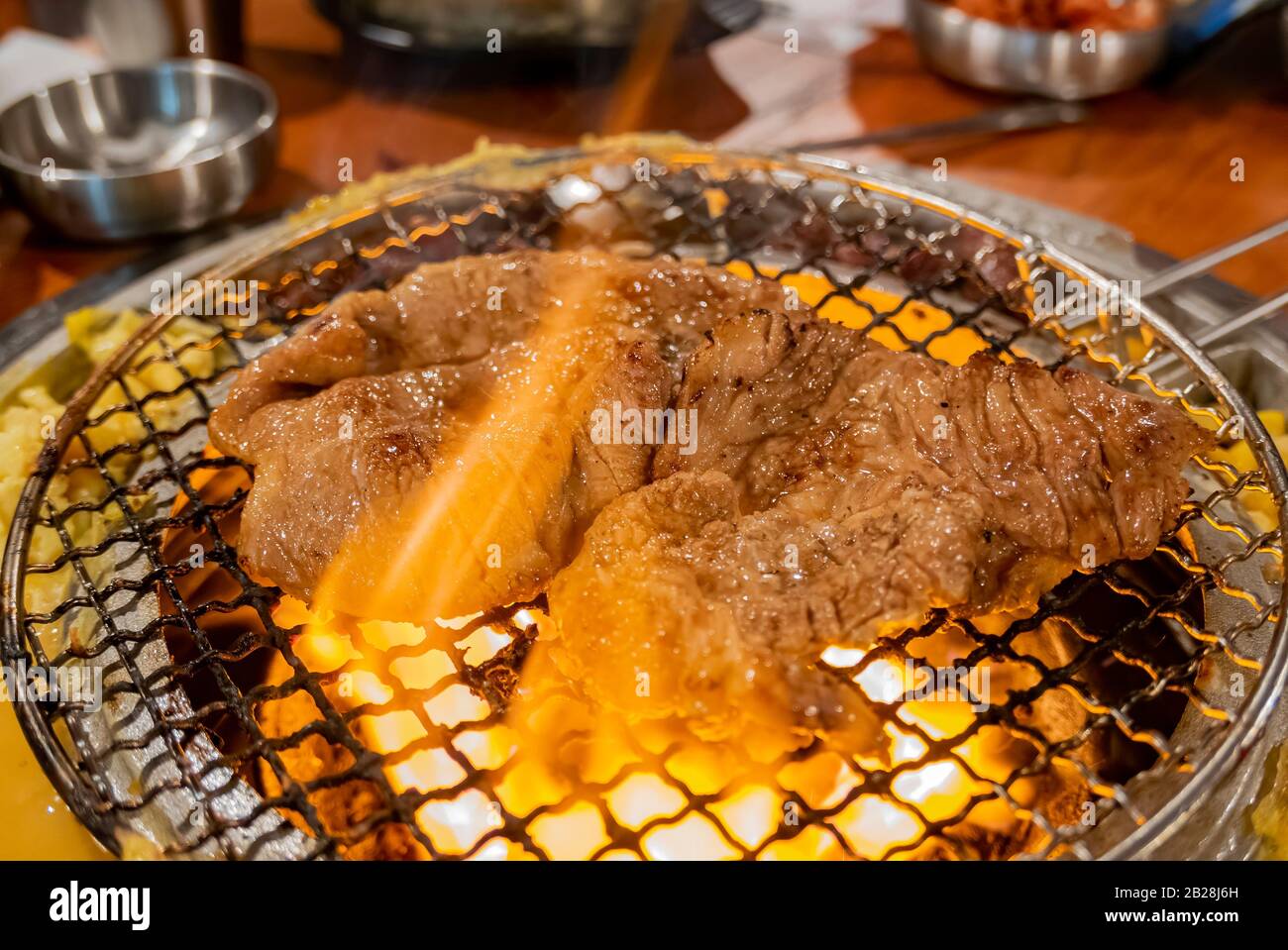 close up shot of Korean style BBQ meat at Los Angeles, California Stock Photo