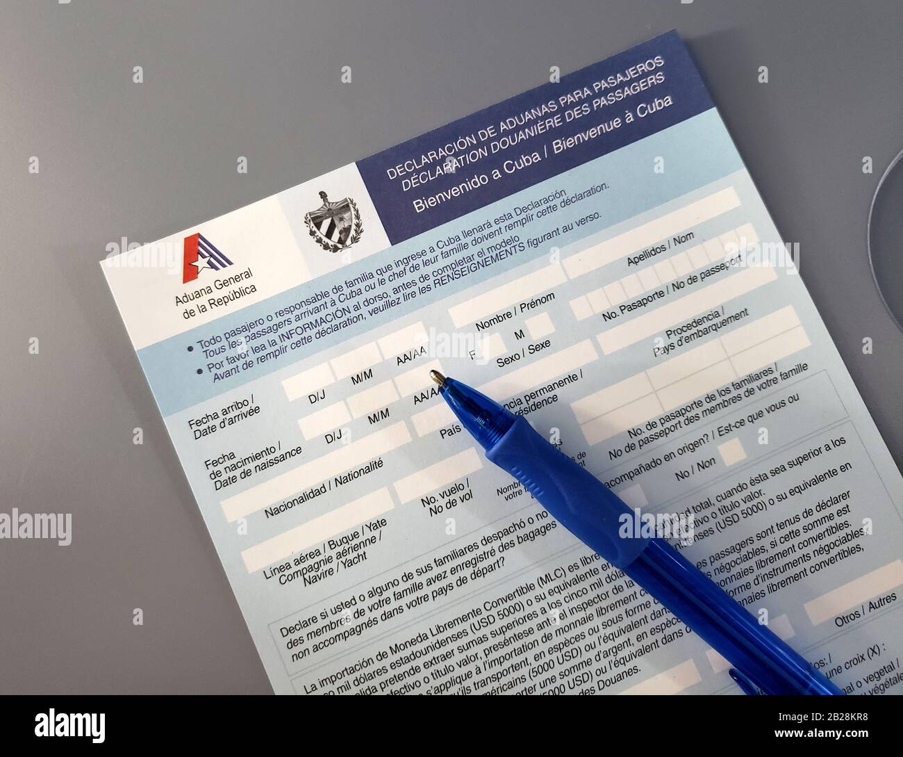 Cuba Visa declaration form. This form should be completed by any visitor or  tourist entering Cuba Stock Photo - Alamy
