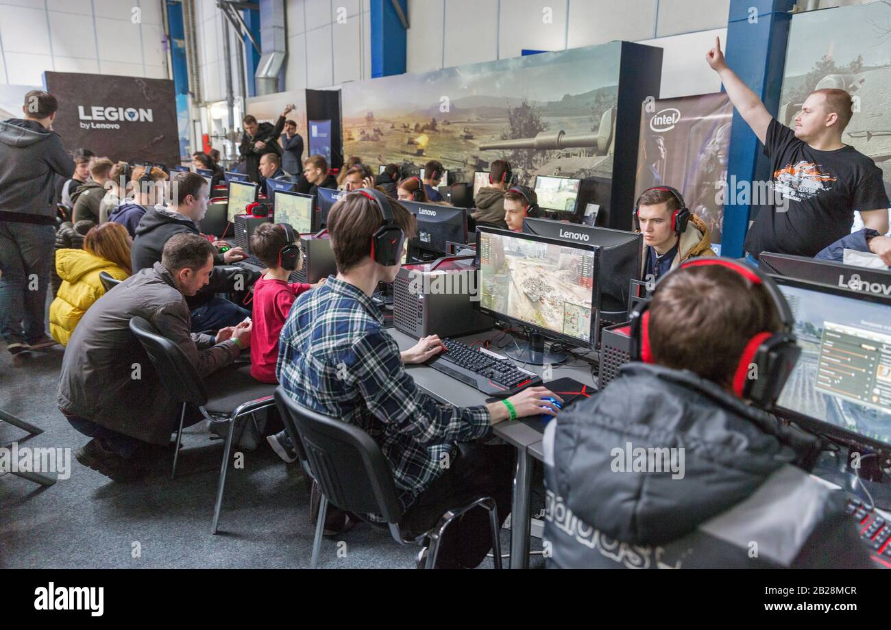KYIV, UKRAINE - APRIL 13, 2019: Gamers participate in World of Tanks tournament in game zone during CEE 2019, the largest consumer electronics trade s Stock Photo