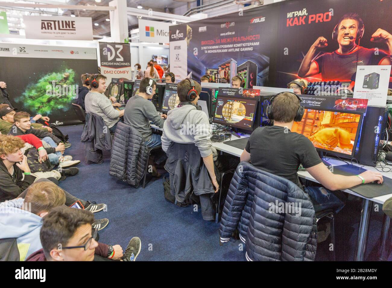 KYIV, UKRAINE - APRIL 13, 2019: Gamers participate in World of Tanks tournament in game zone during CEE 2019, the largest consumer electronics trade s Stock Photo