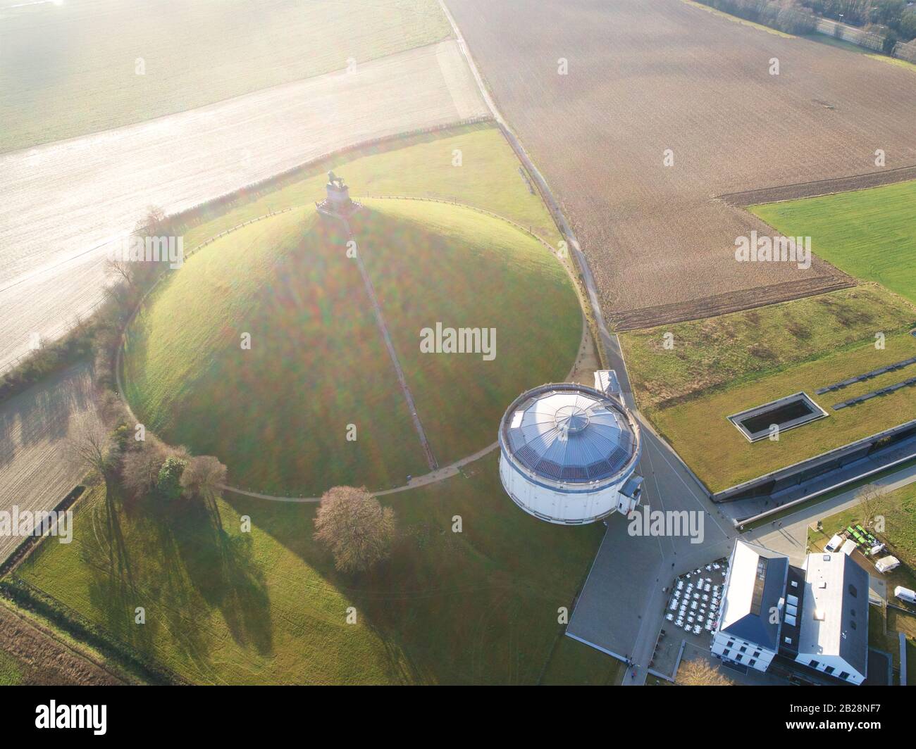 Aerial view of The Lion's Mound with farm land around. The immense Butte Du Lion on the battlefield of Waterloo where Napoleon died. Belgium.  Stock Photo