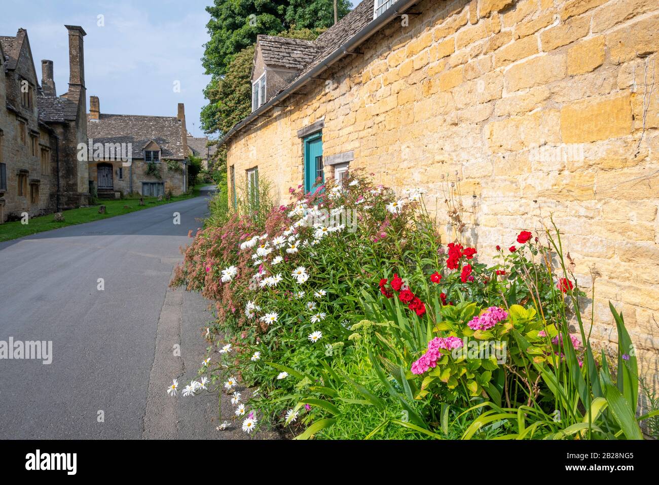 Flowers in front of houses in Cotswold village, Snowshill, Gloucestershire, Cotswolds, England Stock Photo
