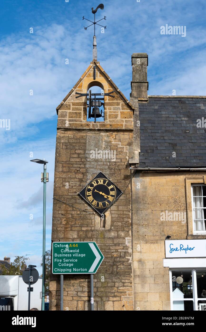 Clock on 'Curfew Tower',Moreton in the Marsh, Cotswolds, Gloucestershire, England Stock Photo