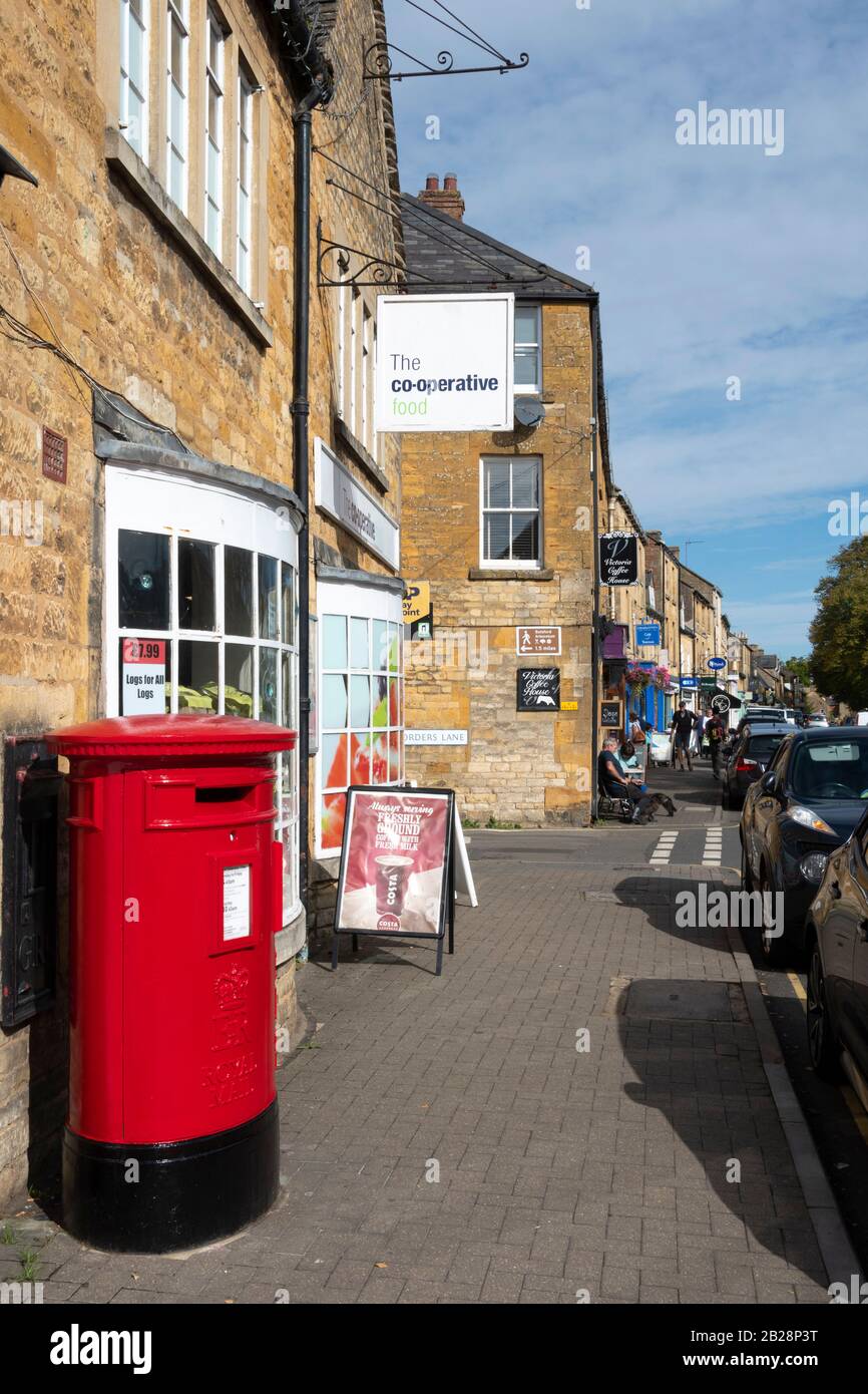 Shops and mail box in High Street, Moreton in the Marsh, Cotswolds