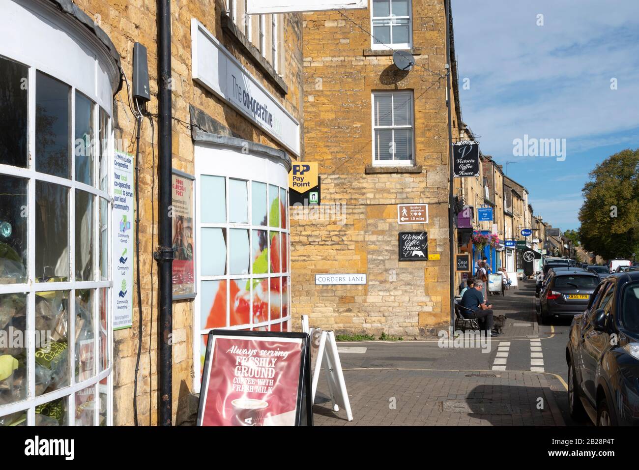 Shops in High Street, Moreton in the Marsh, Cotswolds, Gloucestershire, England Stock Photo