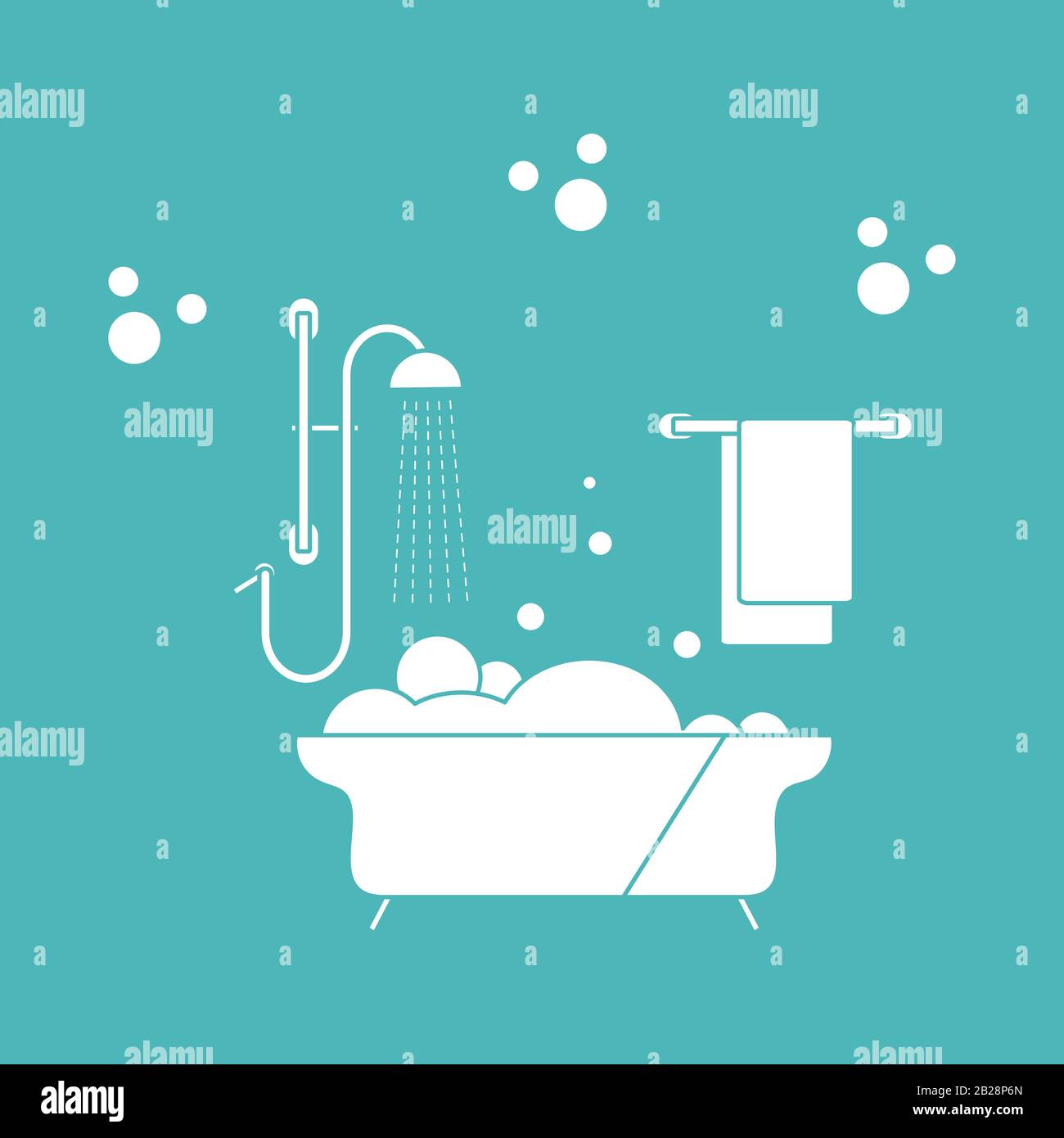 Vector illustration Bath, shower, bubbles, towel, hanger. Bath time