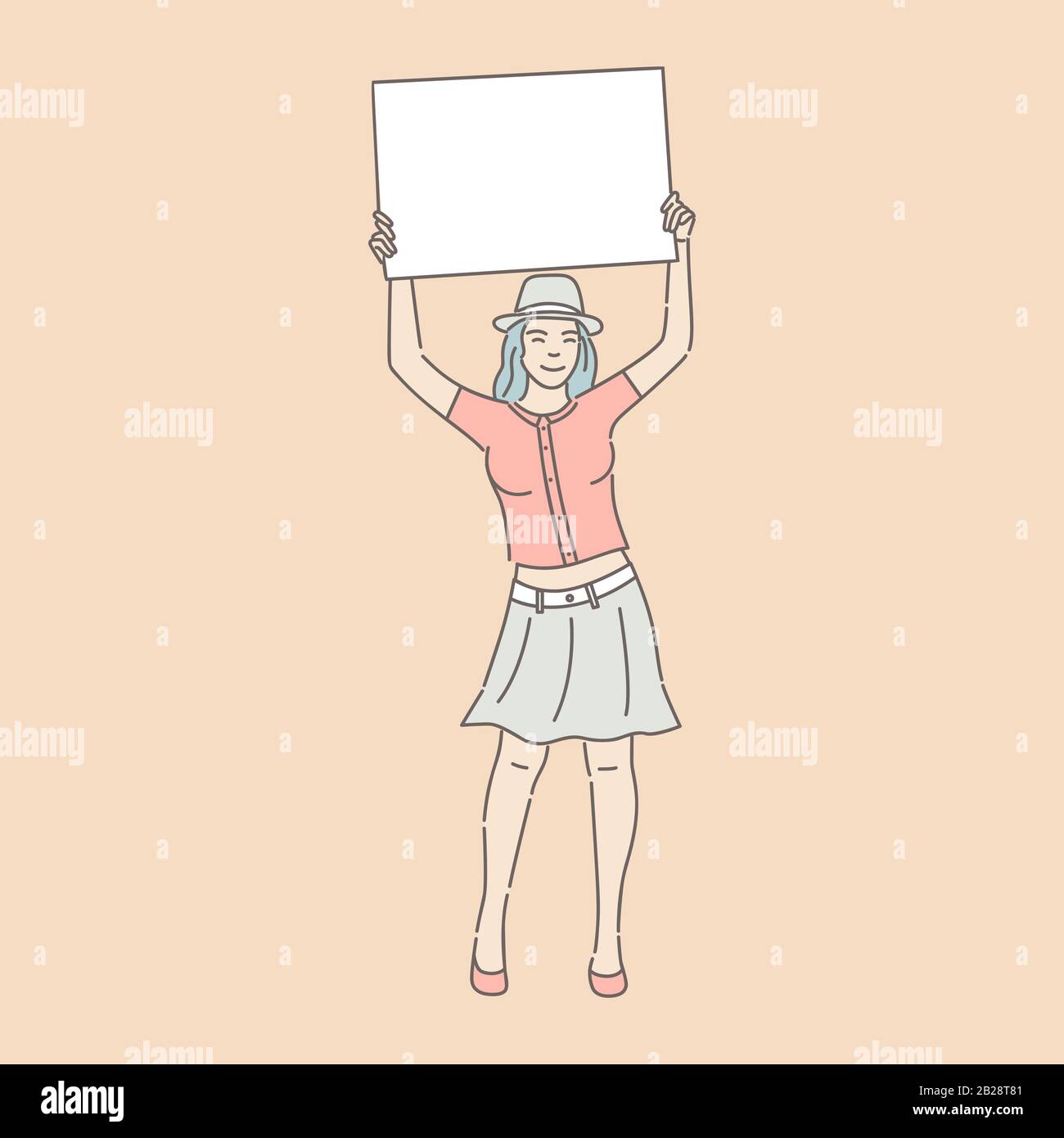 Smiling young girl in casual clothes holding card in raising hands vector illustration. Female cartoon outline character. Demonstration, activism, advertising, protesting blank placard concept. Stock Vector
