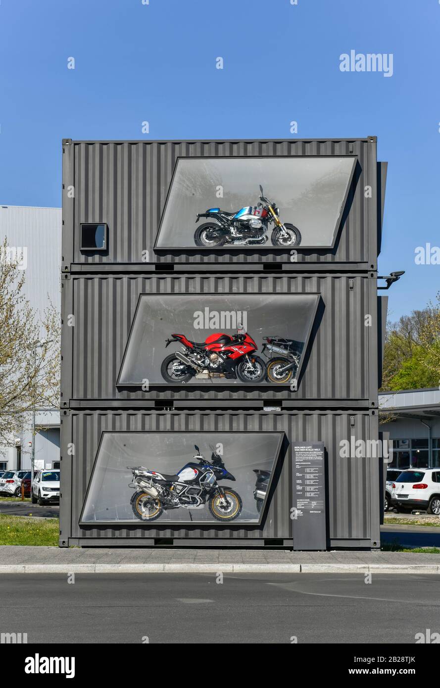 Schau-Container, BMW Motorradwerk, Am Juliusturm, Spandau, Berlin, Deutschland Stock Photo