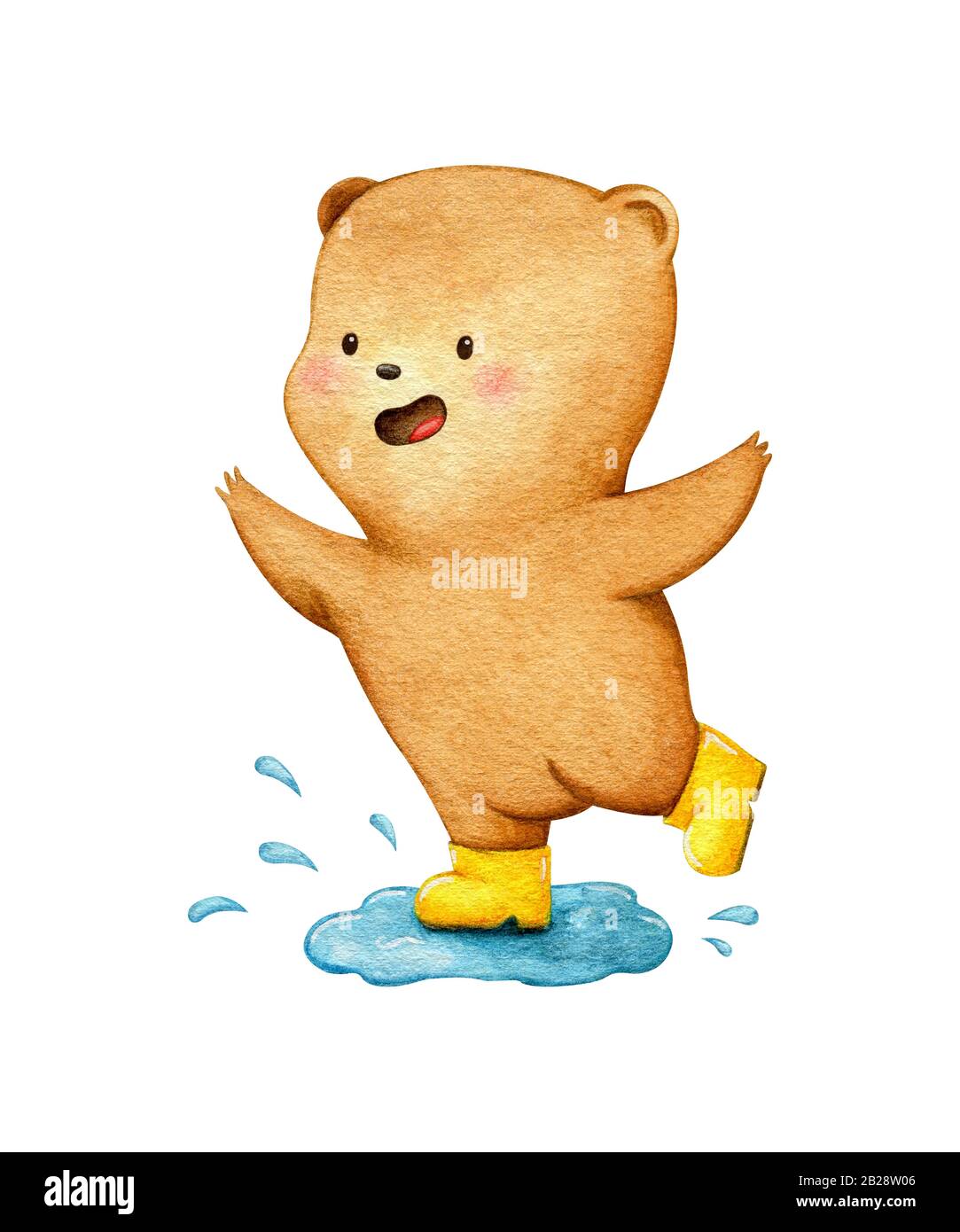 Happy little grizzly kid jumping in puddle. Sweet baby bear in yellow  rubber boots. Kind bright character illustration in watercolor Stock Photo  - Alamy