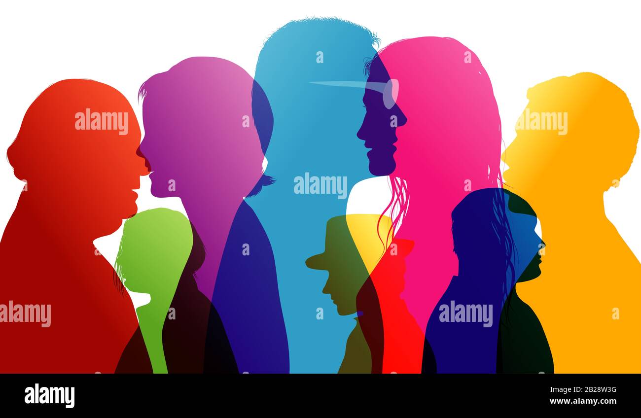 Dialogue people.Talking crowd. Colored silhouette profiles.Communication multiethnic multicultural people.Solidarity.Oneness.Cooperation.Community Stock Photo