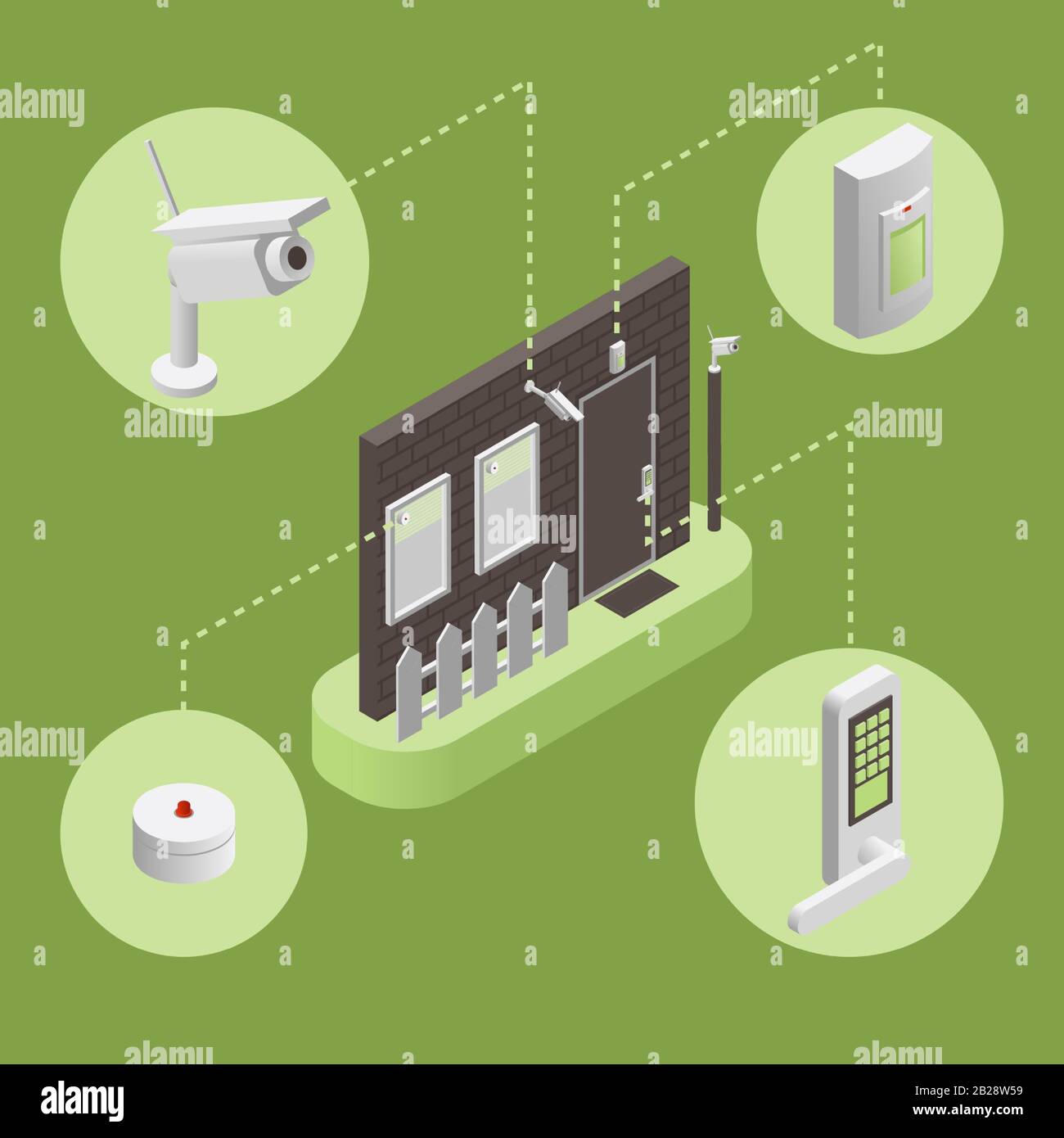 Smart house, intelligent security system infographic vector illustration. Wall, door and windows with surveillance cameras, alarm siren and signal system in isometric style. Security system concept. Stock Vector
