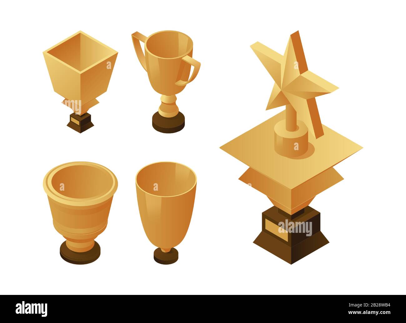 Set of golden cups and trophies on wooden pedestal. Gold awards vector