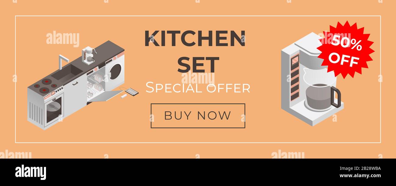 Kitchen equipment and household appliances web banner template. Washing machine, dishwasher machine, coffee machine and electric cooker isometric illustration. Discount poster design. Stock Vector