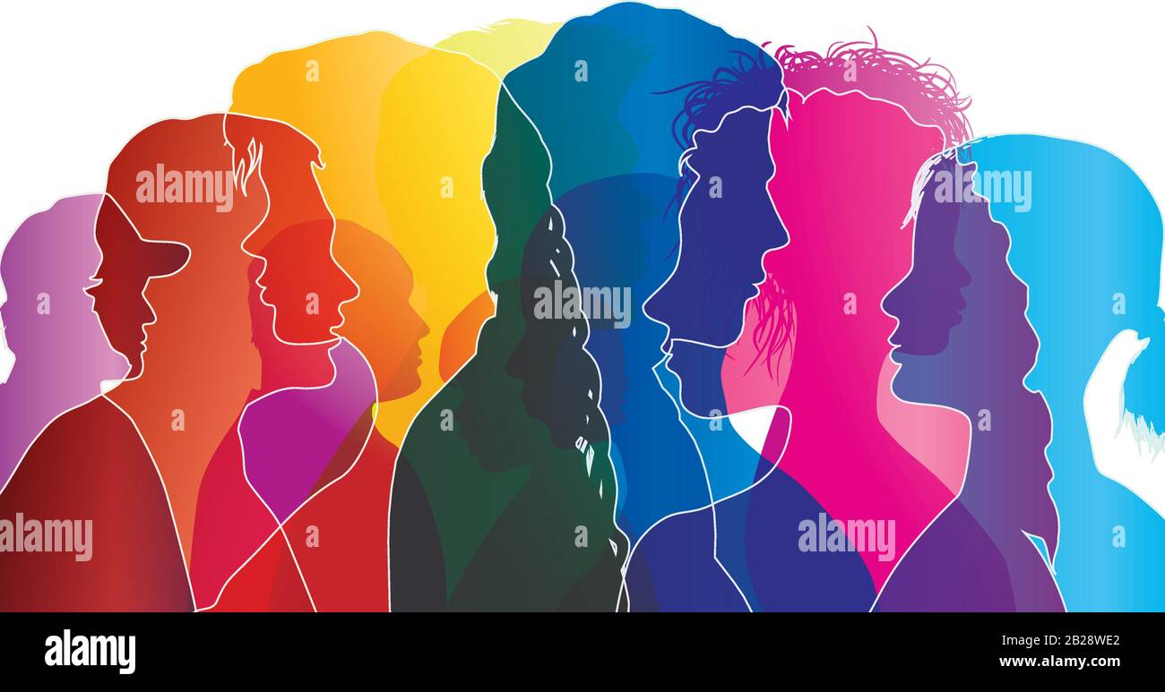 Abstract vector group of crowded people. Mob of people. Confusion of people. Crowd talking. Multiethnic people. Share ideas and thinks.Community. Soci Stock Vector