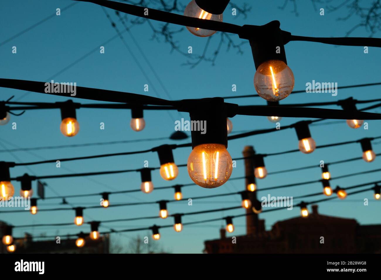 Light bulbs on the evening blue sky. Stock Photo