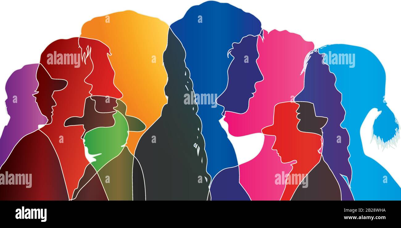 Vector talking crowd isolated. Dialogue between people.Colored silhouette profiles.Confusion of people.Multiethnic people.Community.Population.Social Stock Vector