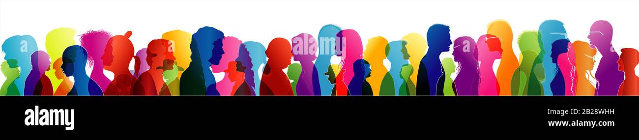 Talking crowd.Dialogue between people.Contoured colored silhouette contours.People talking.Multiethnic multicultural people. Diversity people.Speak Stock Photo