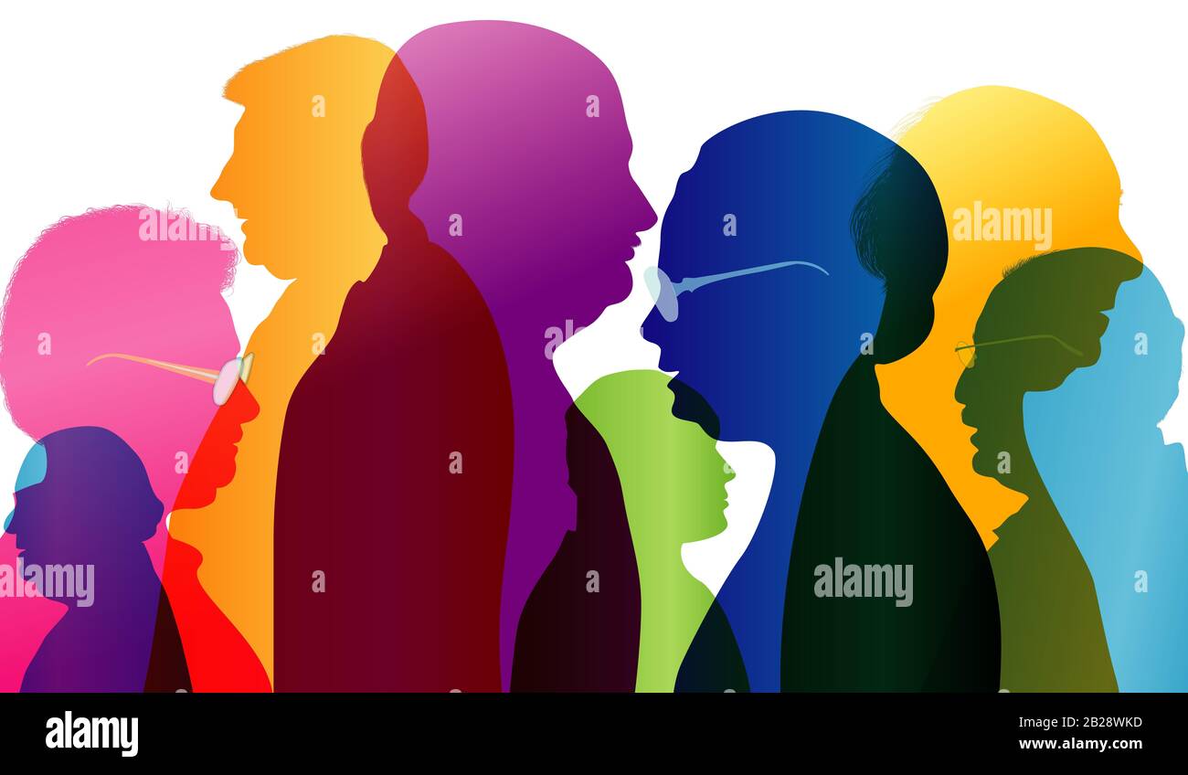 Dialogue between old people. Group of old people talking. Conversation in mature age. Colored silhouette profile. Multiple exposure. Senior. Elderly Stock Photo