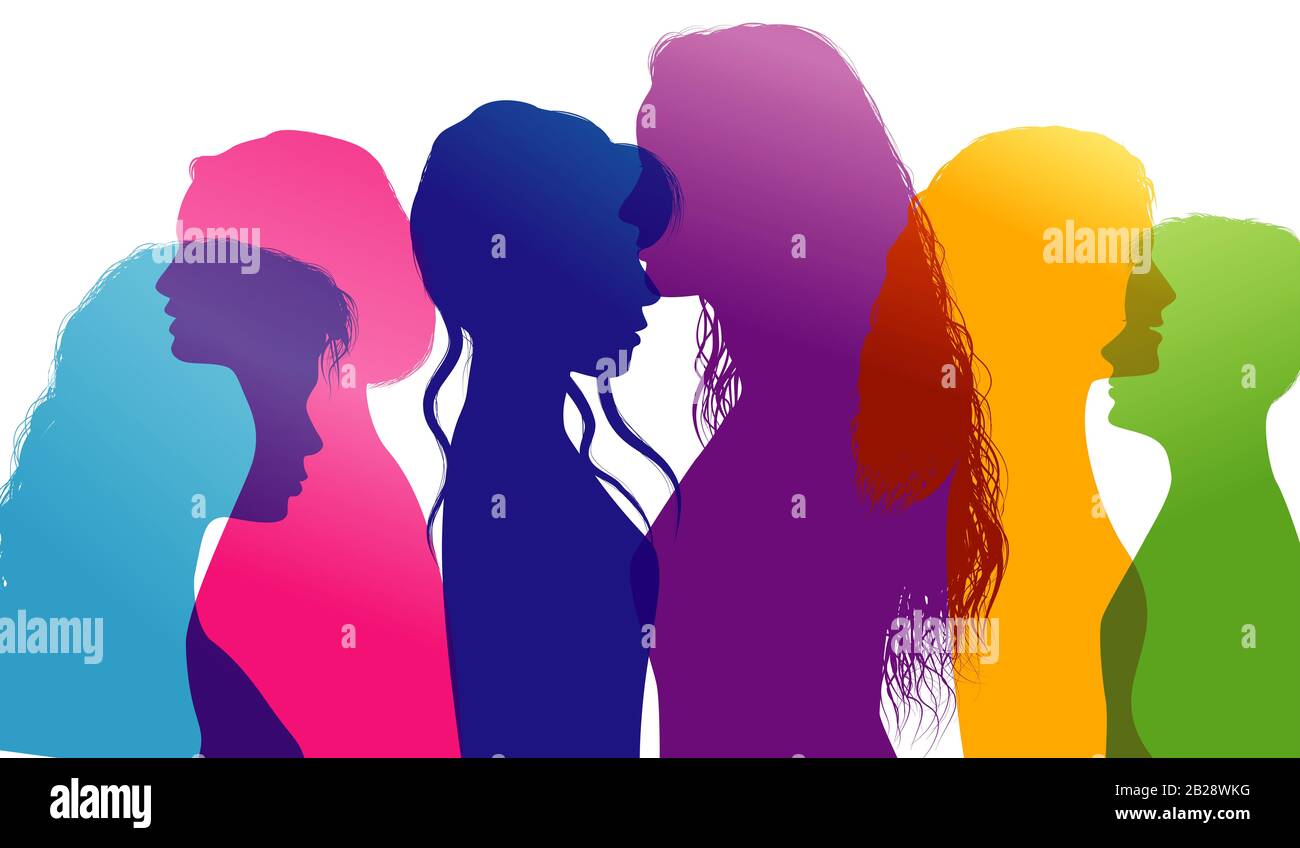 Dialogue between women. Women talking. Sharing idea between women. Colored silhouette profiles. Community. Connection. Social network. Communicate Stock Photo