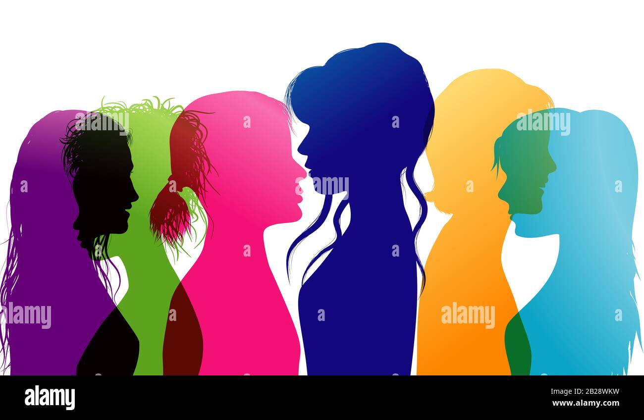 Women talking. Dialogue diversity multiethnic women. Sharing idea. Speak. Community. Colored silhouette profiles. Students. Social network. Speak Stock Photo