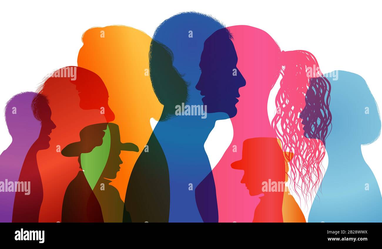 Silhouette profiles diversity people. Diverse multiethnic multicultural group people of different ages and nationalities. Intercontinental dialogue. Stock Photo