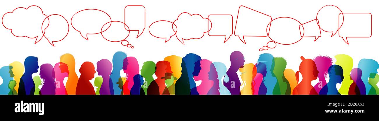 Crowd talking. Speech between people. To communicate. Group of people colored profile silhouette. Speech bubble. Speaking Stock Photo