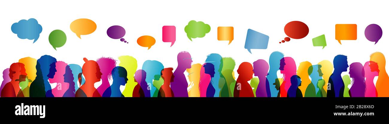 Speech between people. To communicate. Crowd talking. Group of people colored profile silhouette. Speech bubble. Speaking Stock Photo