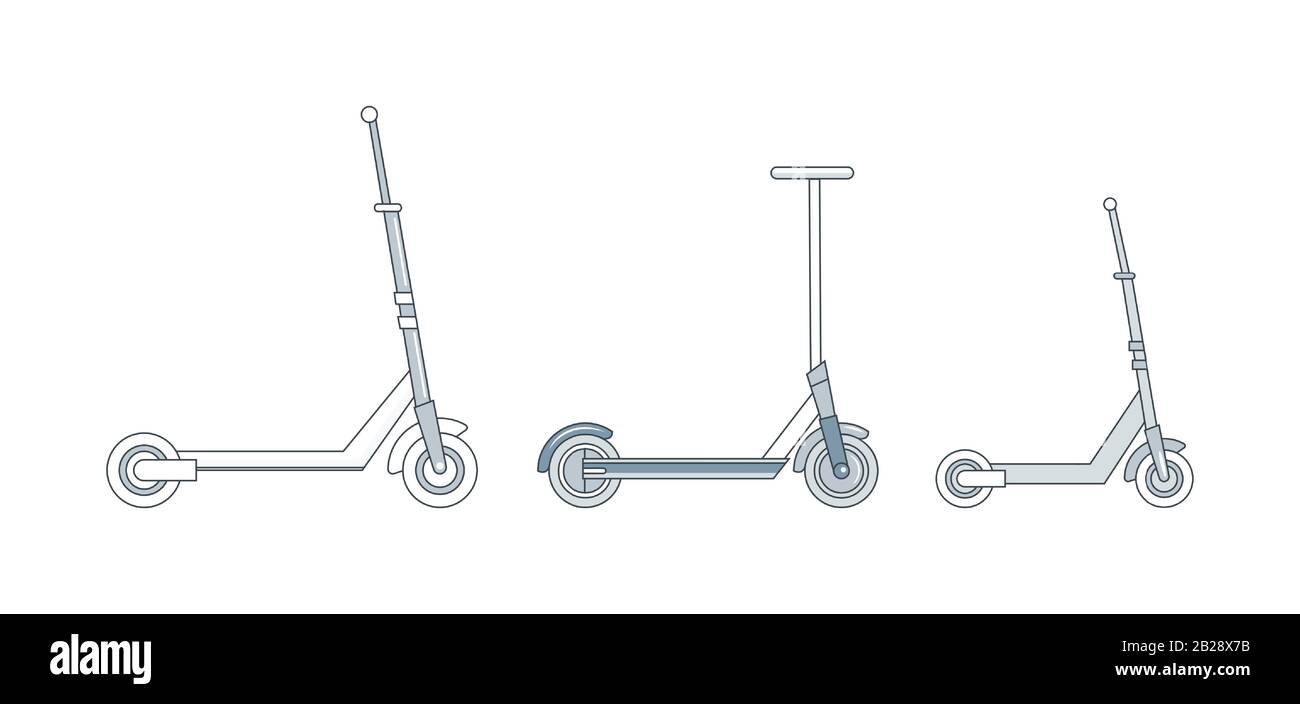 Modern personal transport vector cartoon illustration. Set of different kick scooters, urban wheels, personal transportation gadgets, eco-friendly vehicles outline concept. Stock Vector