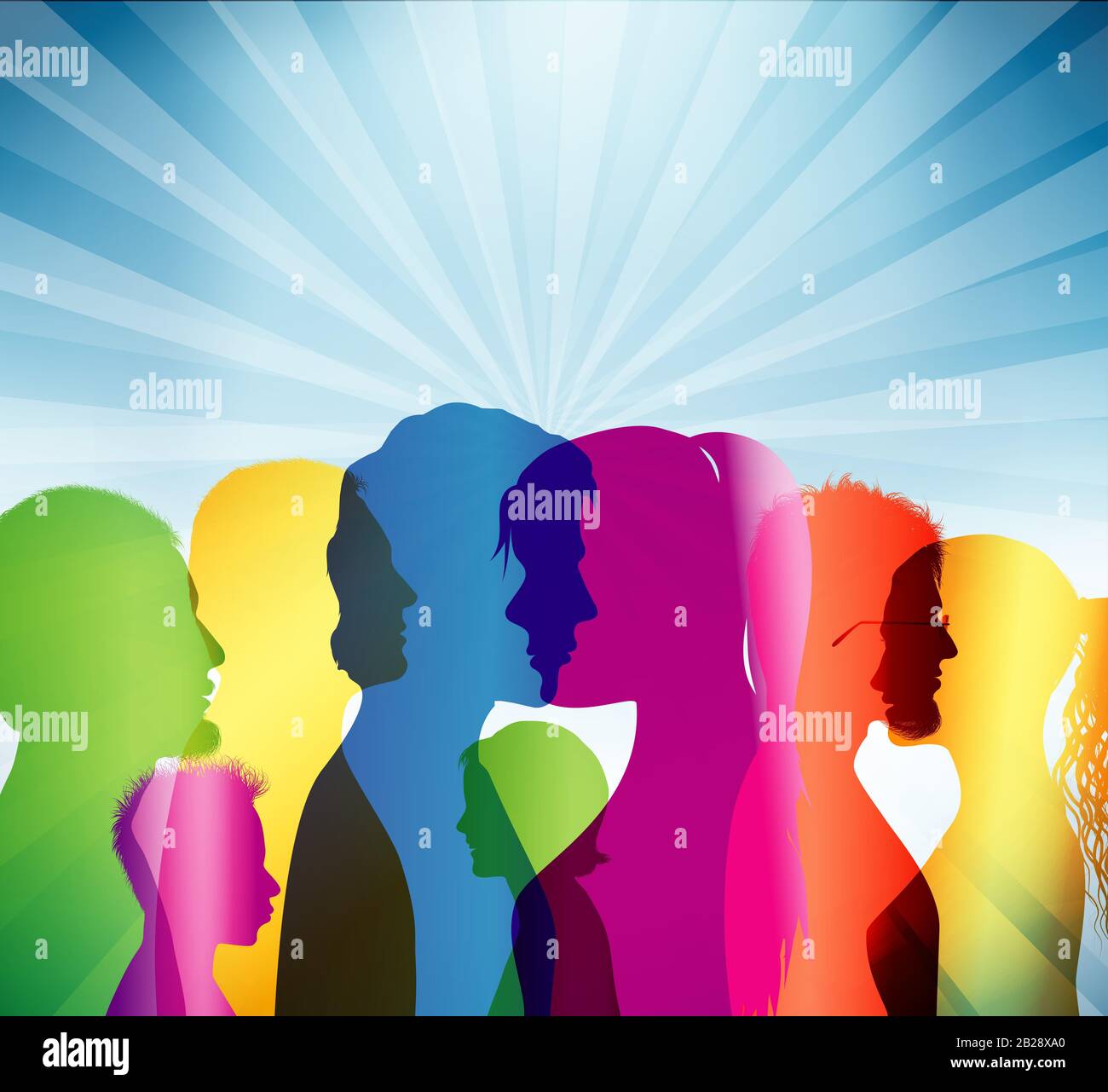 Crowd. Communication diversity people. Group multiethnic people. Colored silhouette profiles. Community. Communicate. Social network. Multicultural Stock Photo