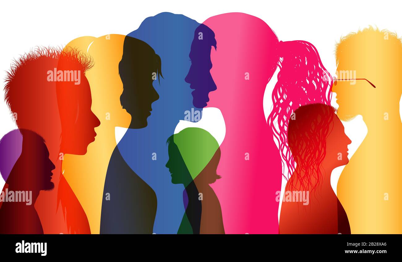 Crowd. Group diversity people. Communication multiethnic people. Colored silhouette profiles. Community. Communicate. Sharing idea. Network. Speak Stock Photo