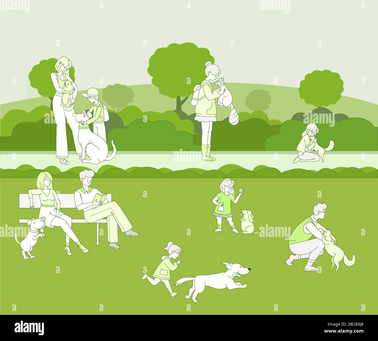 Scenes with pet owners. People holding, playing and walking with their domestic animals in park or forest. Friendly happy dogs, cats, raccoons with owners outline illustration. Stock Vector