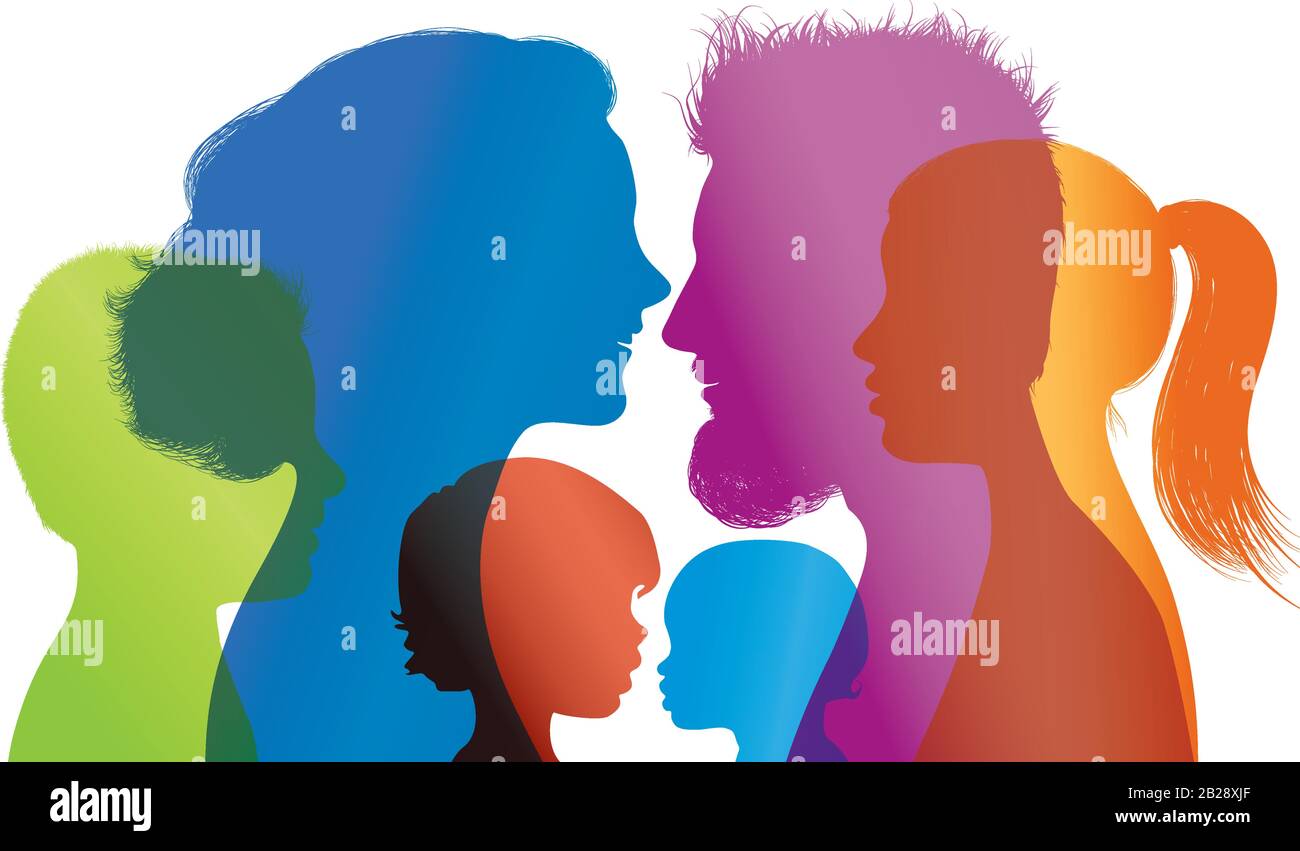 Profiles with mom - dad - little boy - girl. Family concept. Colored silhouette. Vector. Multiple exposure Stock Vector