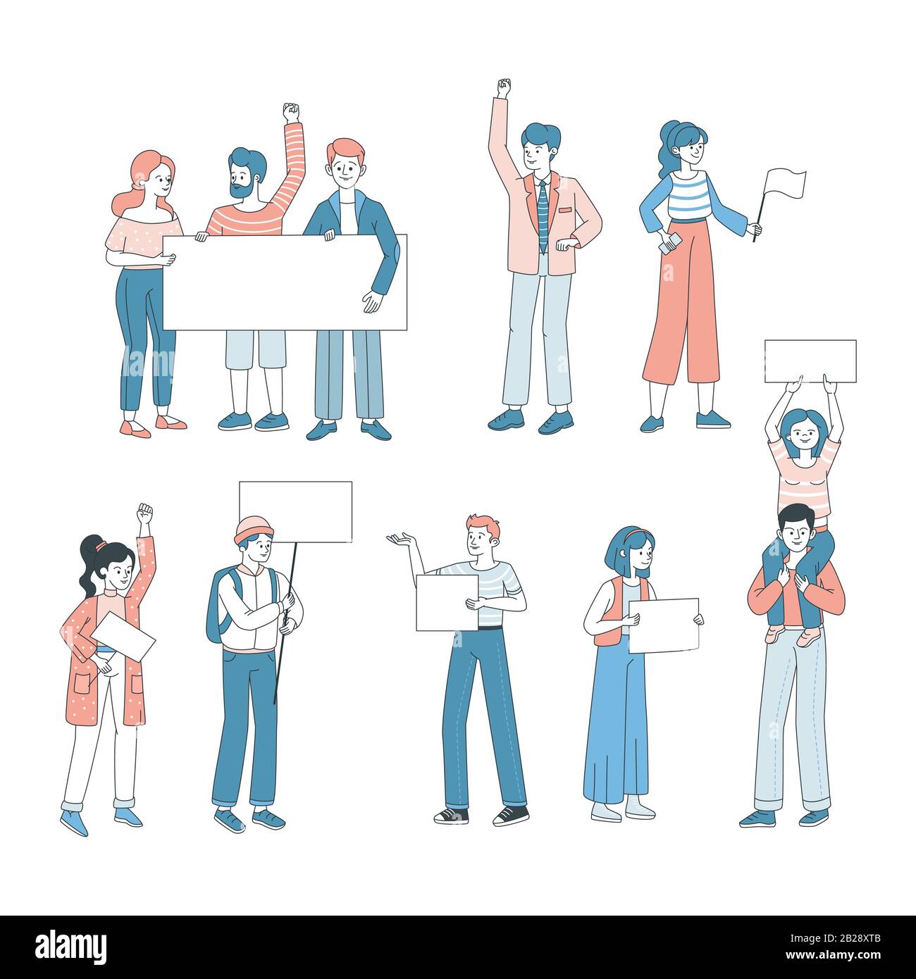 People holding posters with space for text vector cartoon illustration. Outline activists, men and women holding banners in hands. Demonstration, protest, activism, voting concept. Stock Vector