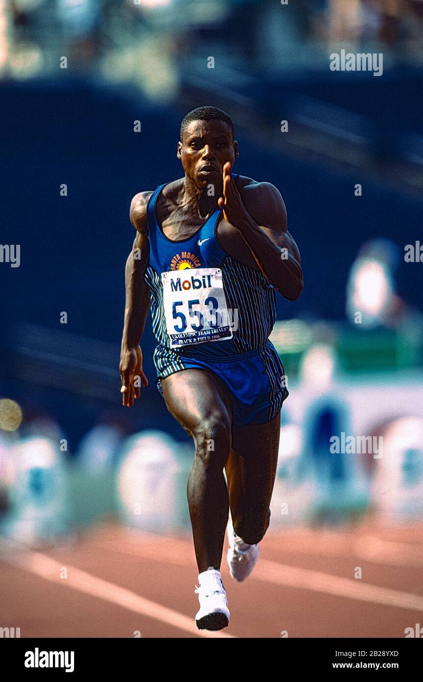 Carl Lewis competing at the 1996 US Olympic Track and Field Team Trials. Stock Photo