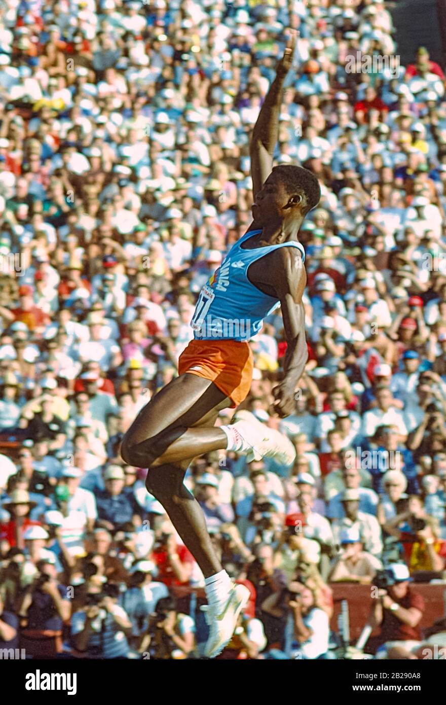 Carl Lewis competing the long jump at the 1984 US Olympic Track and