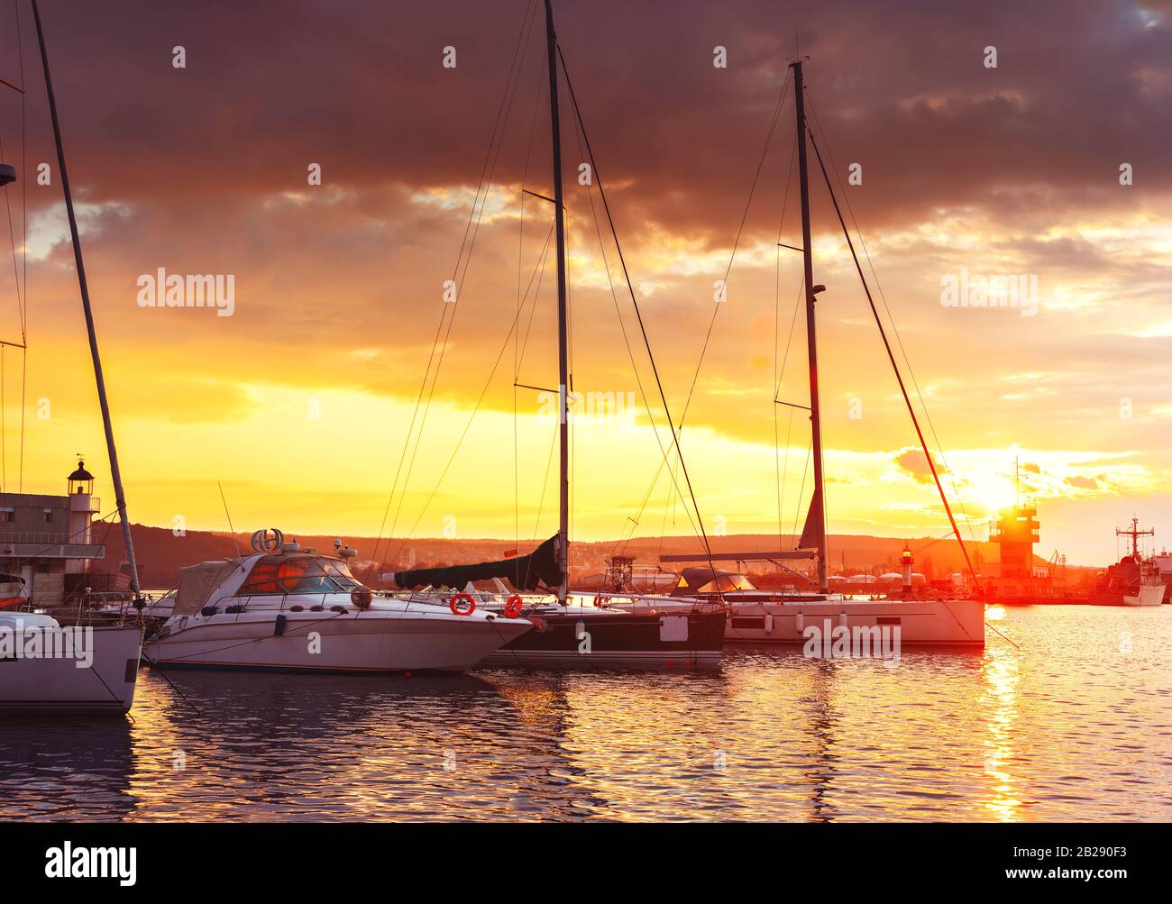 Yacht Port And Beautiful Sunset Over Varna Bulgaria Sailboat Harbor Many Beautiful Moored Sail Yachts In The Sea Stock Photo Alamy