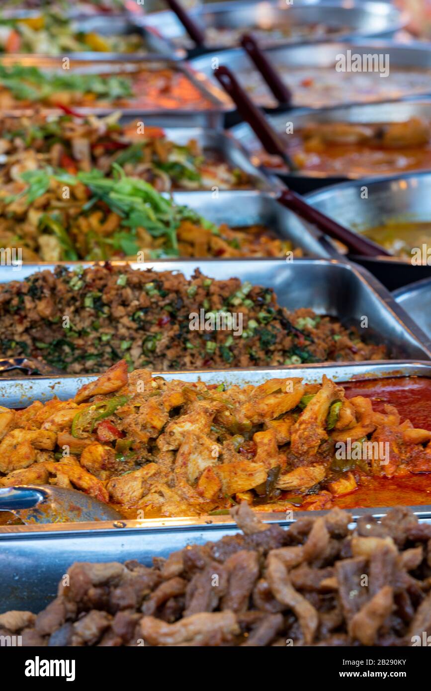 A selection of street food on display at an open air marketplace in