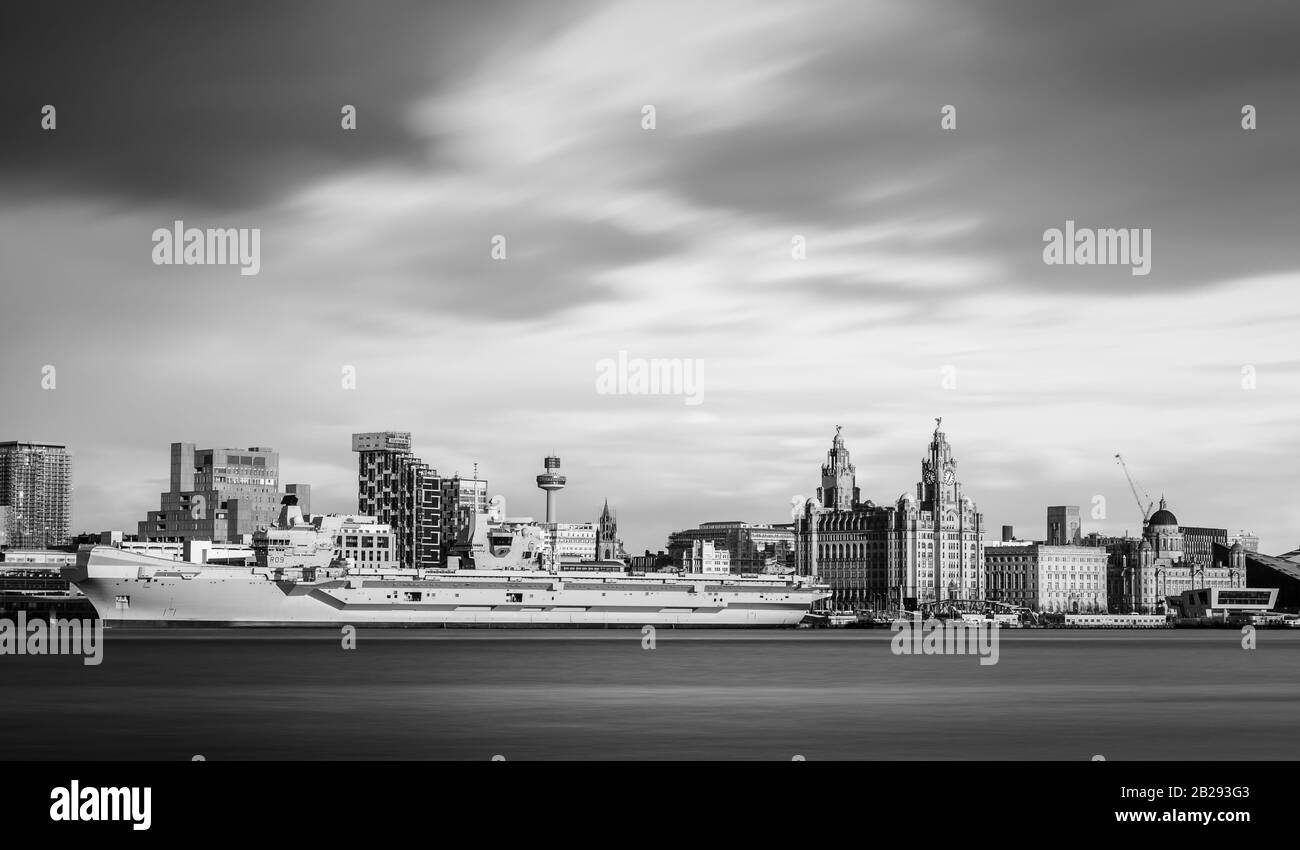 Long exposure of HMS Prince of Wales on the River Mersey in Liverpool during its first public outing pictured on 1 March 2020. Stock Photo