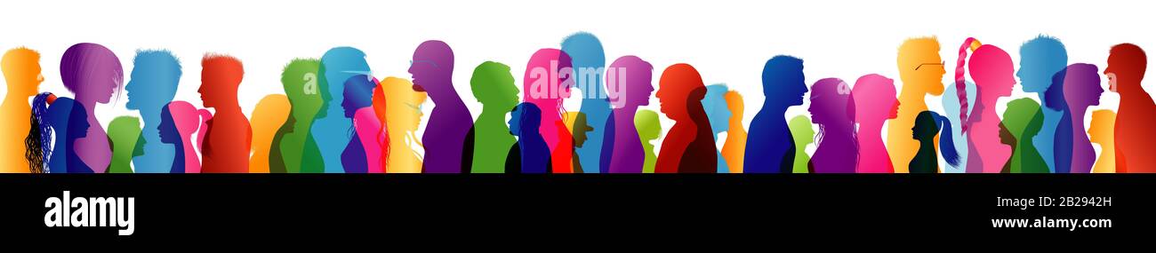 Crowd talking. Group multiethnic people talking. Colored silhouette profiles. Speak. To communicate. Diversity people. Sharing idea. Community. Speak Stock Photo