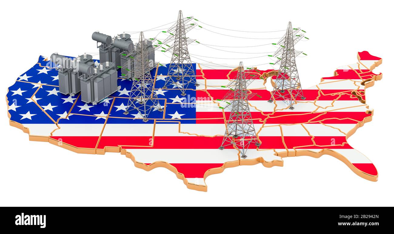Electrical substations in the United States, 3D rendering isolated on white background Stock Photo