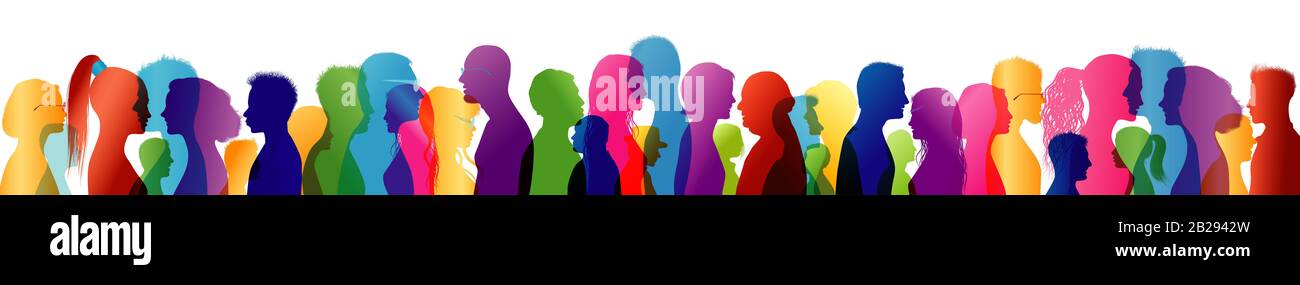 Crowd talking. Group diversity people talking. Speak. To communicate. Colored silhouette profiles.Multiethnic people. Community. Communicate. Network Stock Photo