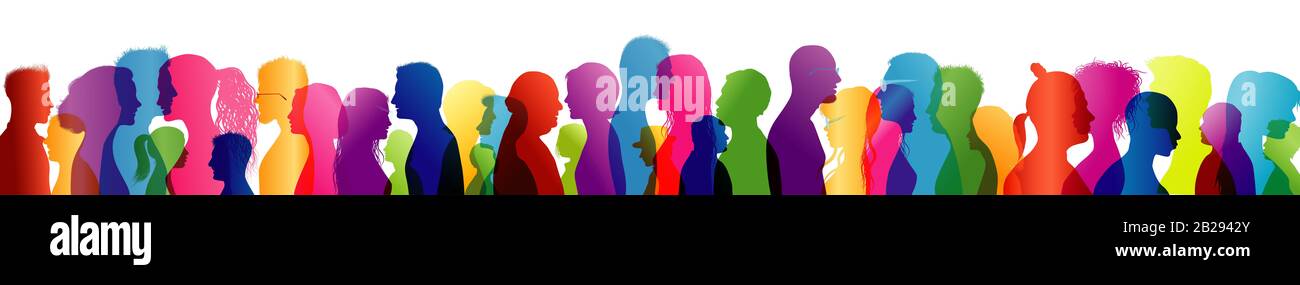 Crowd talking. Group diversity multiethnic people talking. To communicate. Speak. Colored silhouette profiles. Multicultural multiracial people. Share Stock Photo