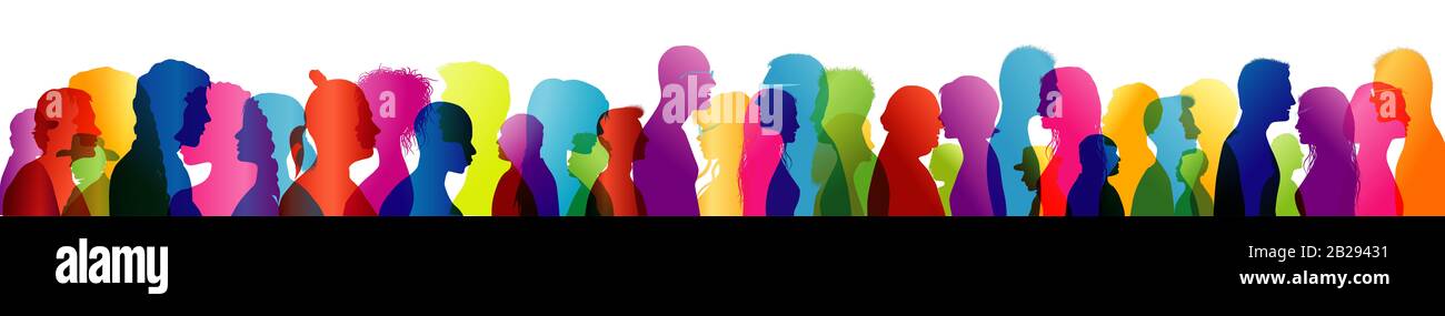 Group diversity people talking. Multiethnic Crowd talking. Speak. To communicate. Colored silhouette profiles. Multicultural and multiracial people Stock Photo