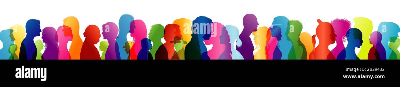 Group multiethnic people talking. Diversity Crowd talking. To communicate. Speak. Colored silhouette profiles. Sharing idea. Psychology. Globalization Stock Photo
