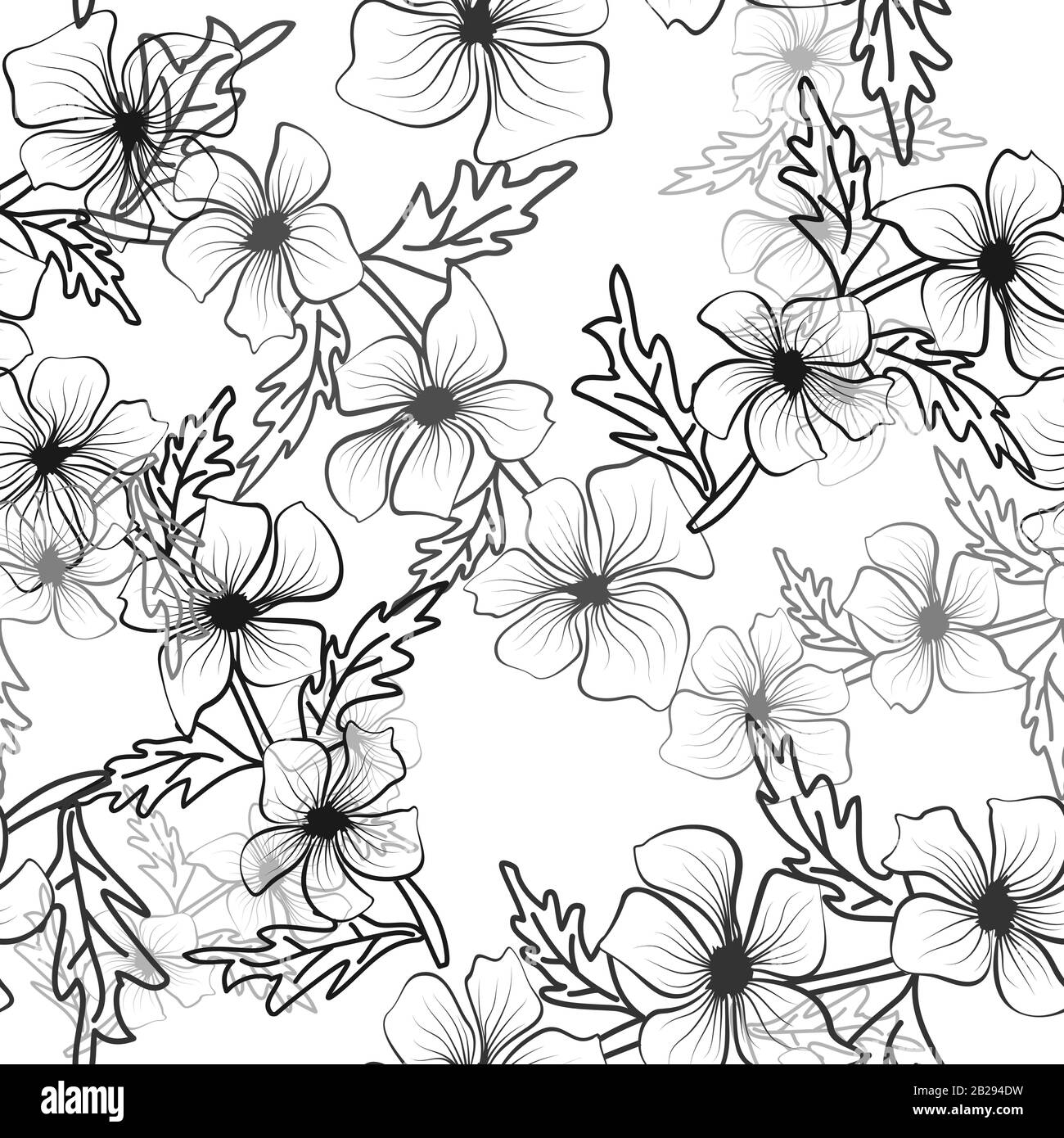Black outlines of flowers on white background. Floral texture repeat