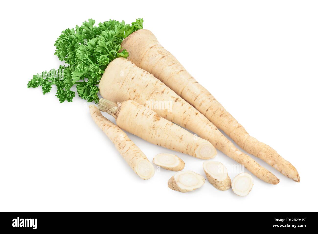Parsley root with slices and leaves isolated on white background Stock