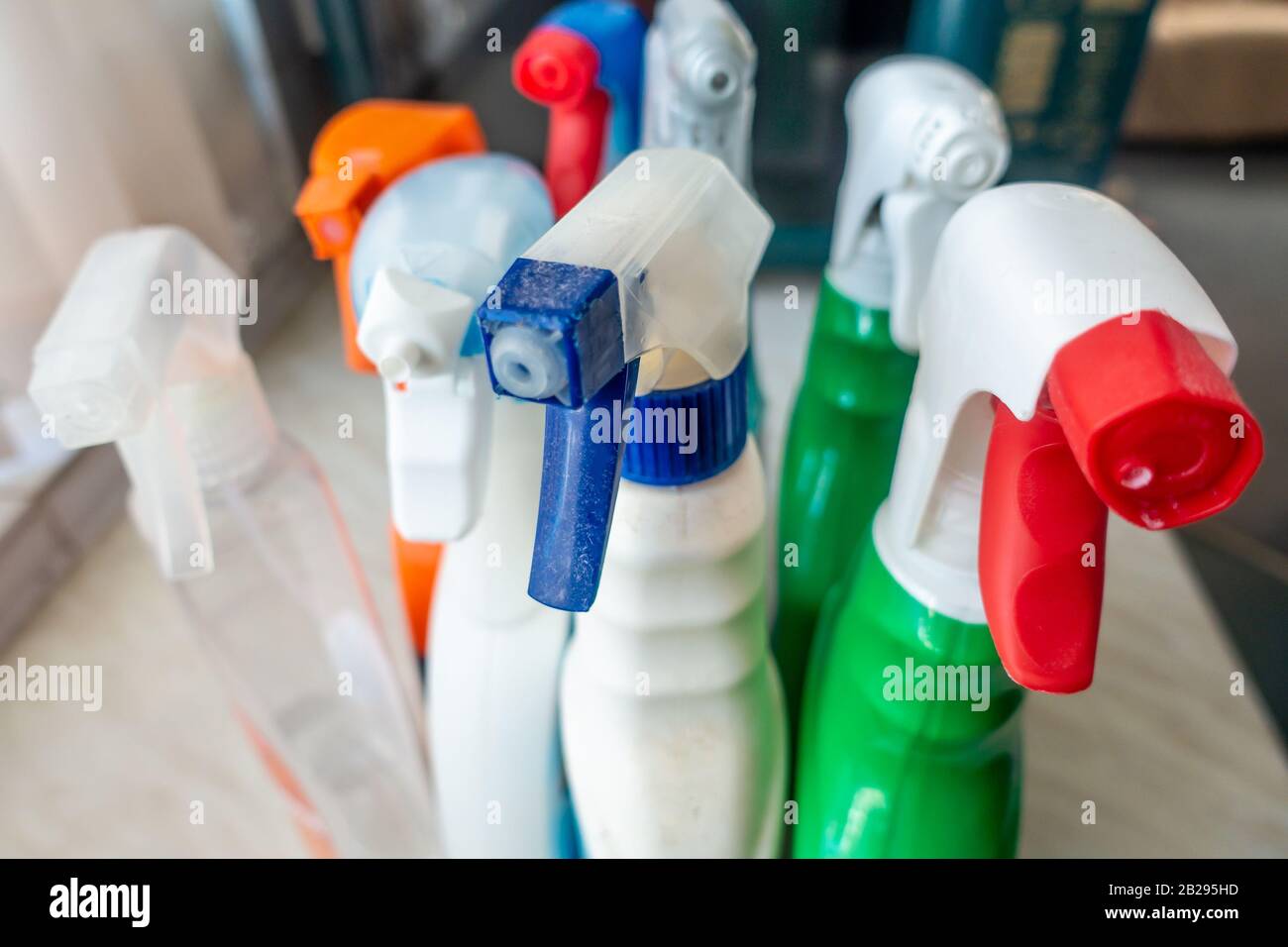 Spray bottles of cleaning products for disinfecting and making clean